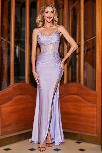 Vestido de fiesta de moda con correas de espagueti de sirena lila con corsé dividido en la parte delantera